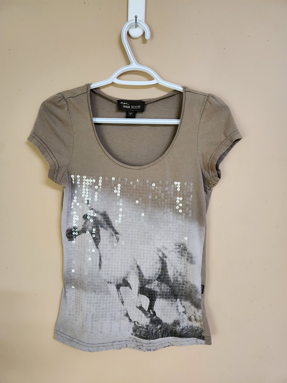 Taupe Sequin Scoop Neck Tee